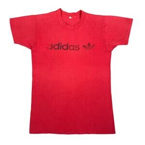 Vintage 70s Adidas Trefoil Logo T-Shirt Red Single Stitch Made in USA Fits XS